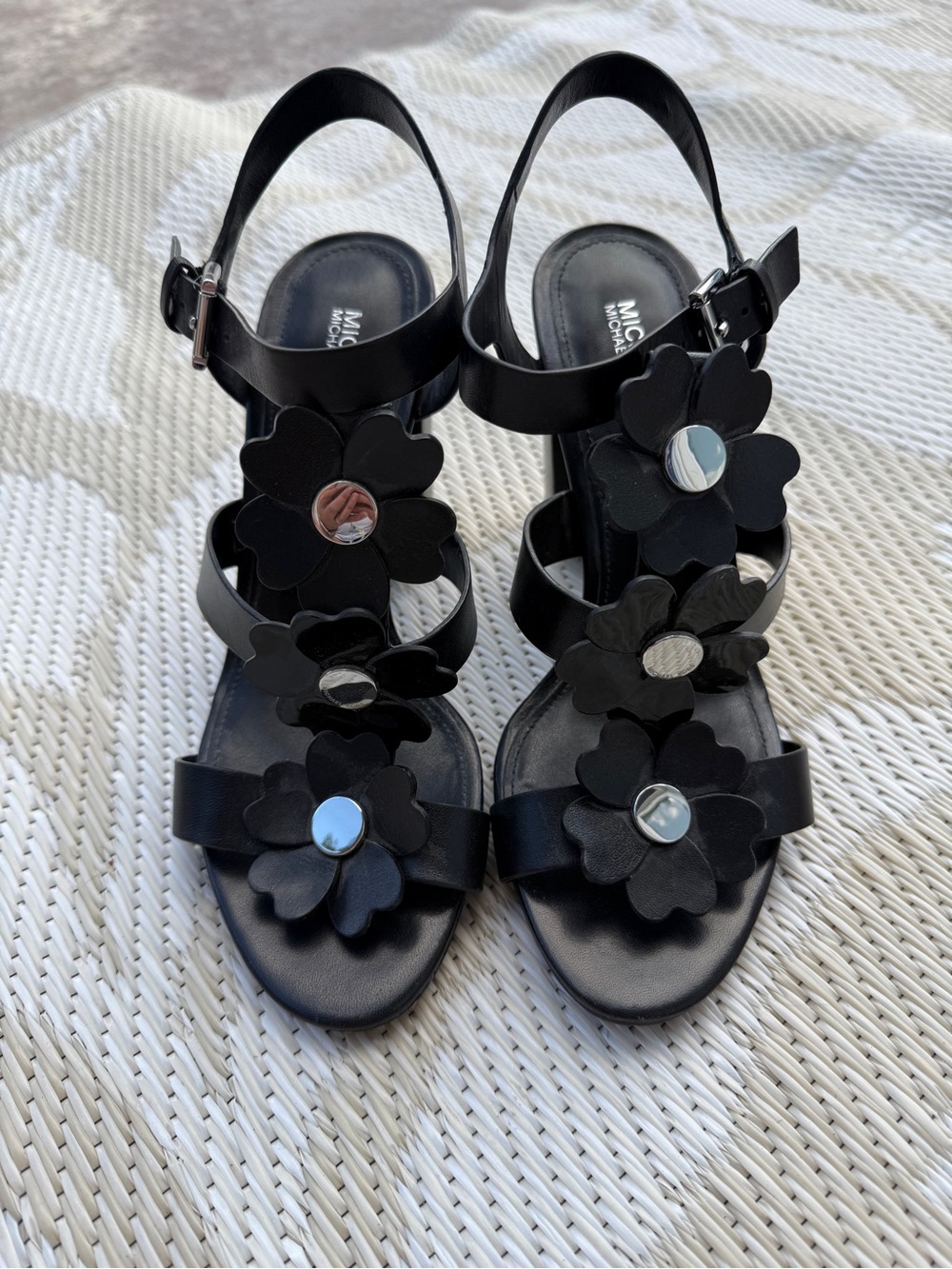 MICHAEL Michael Kors Black Floral Appliqué Leather Slingback Sandals